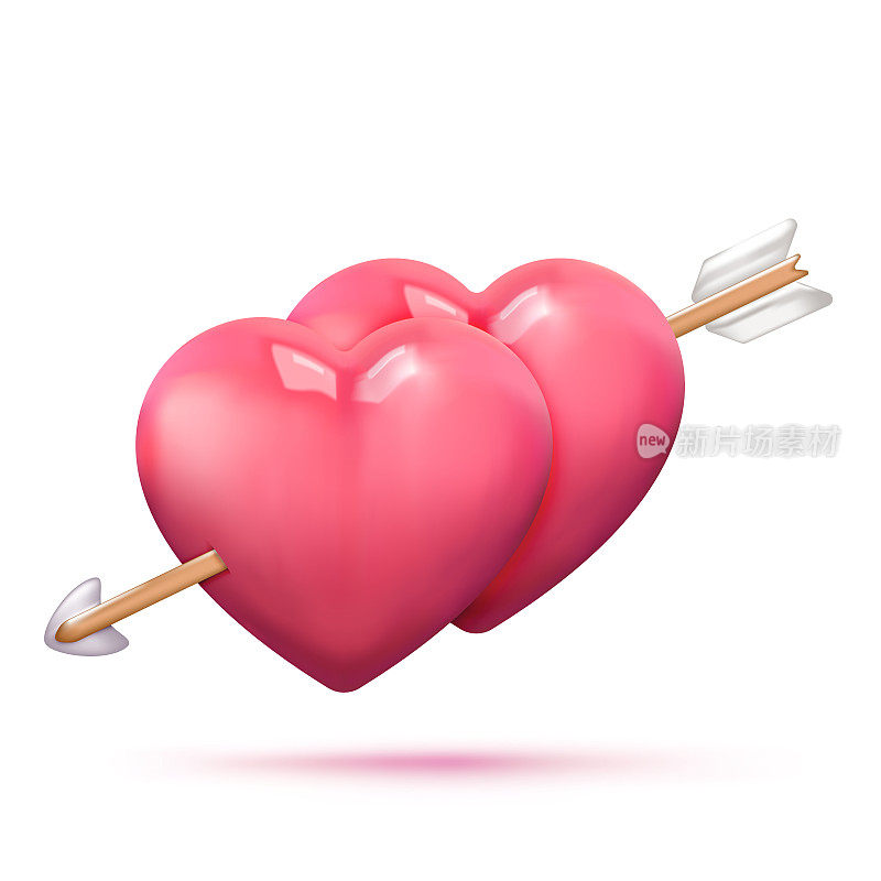 粉色心形的箭。逼真的3d设计心形图标，象征爱情。3 d矢量插图。